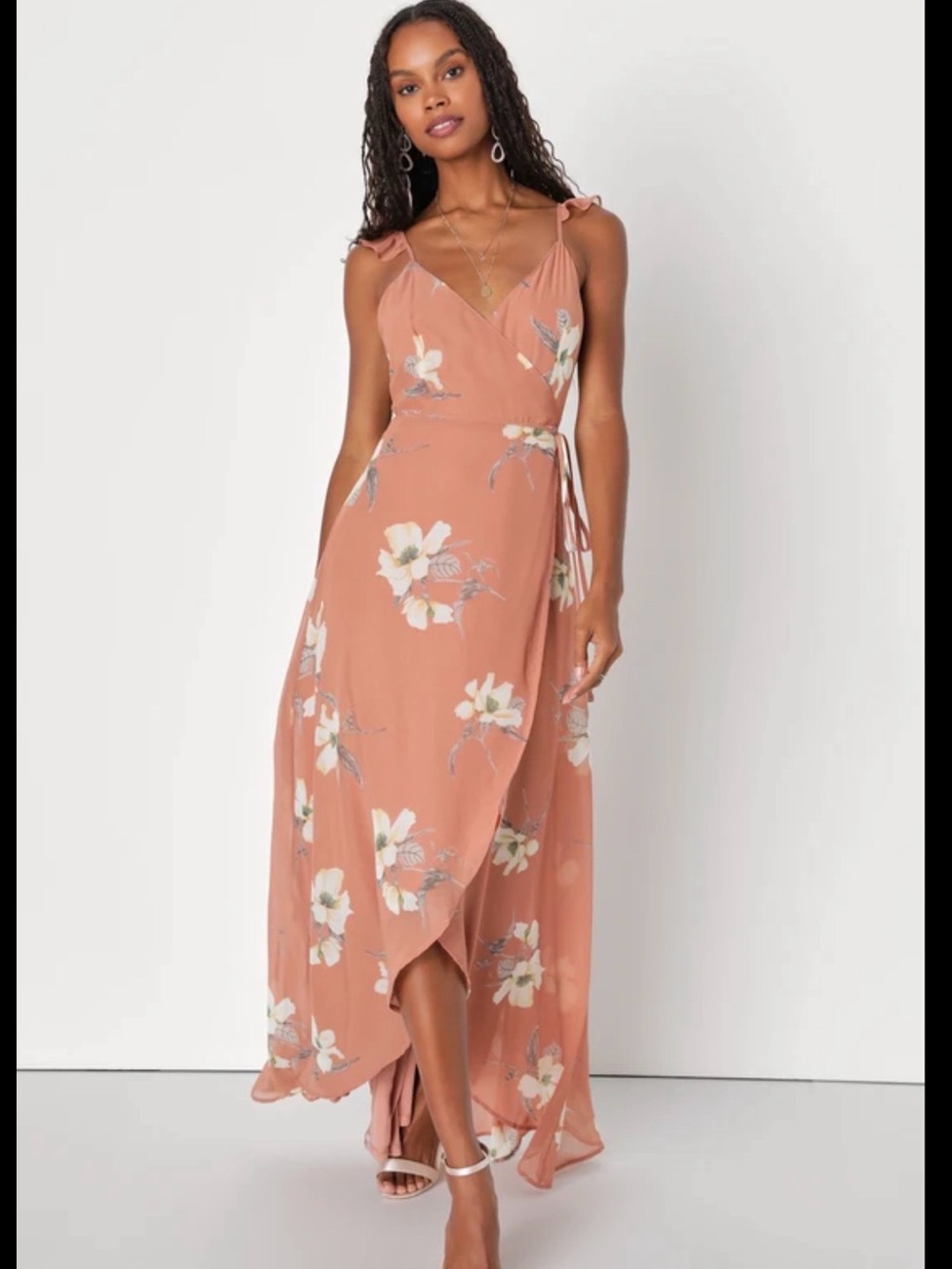 Lulu's Dusty Rose Floral Wrap High-Low Maxi Dress